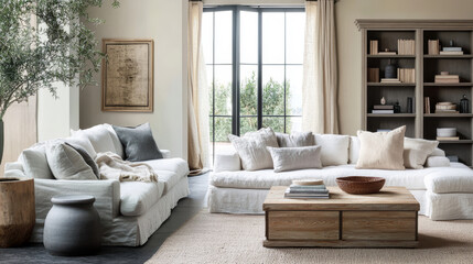 Elegantes Wohnzimmer mit Olivenbaum – Interior Design für Ferienimmobilien